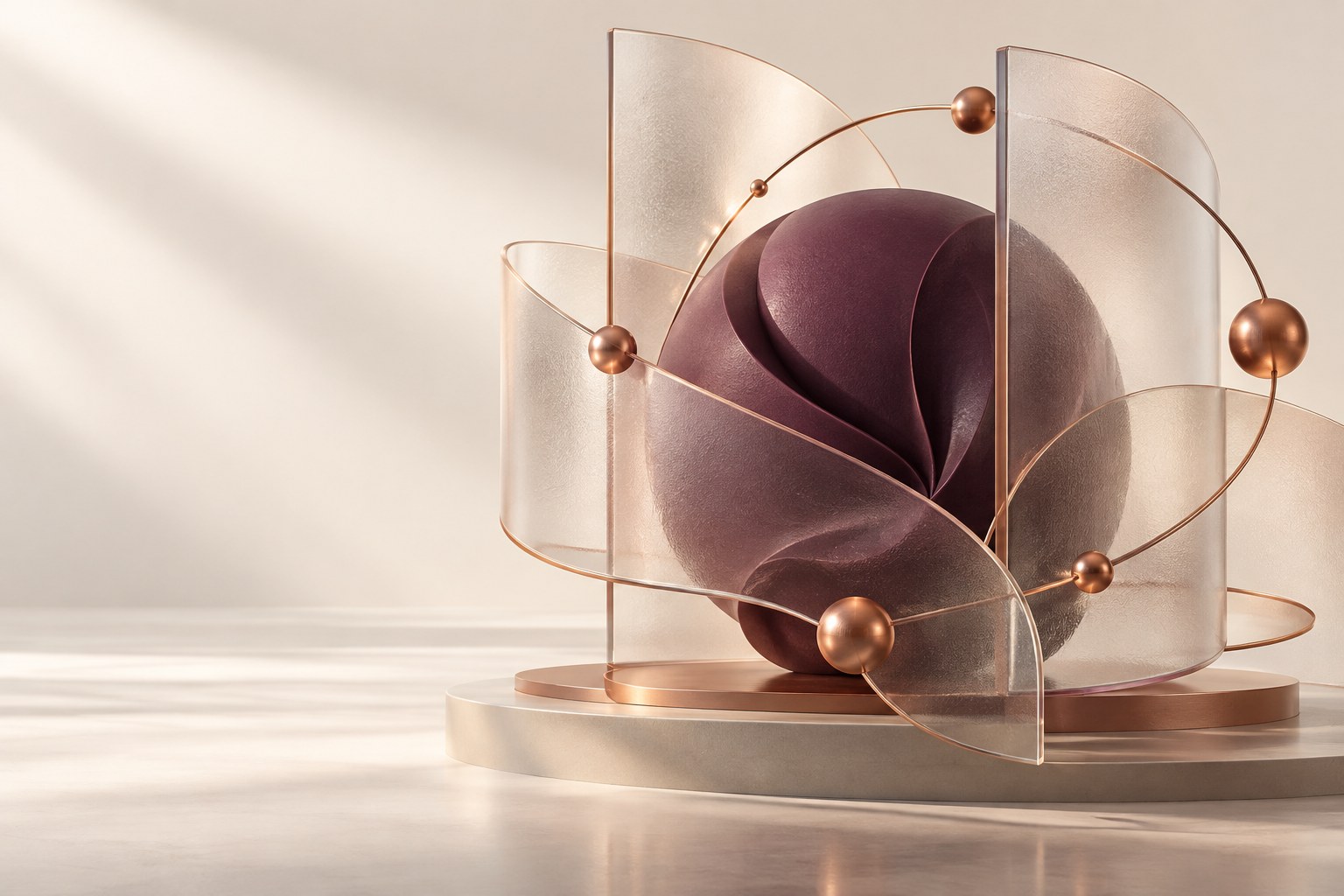 Plum sculptural core surrounded by glass panels and copper connections