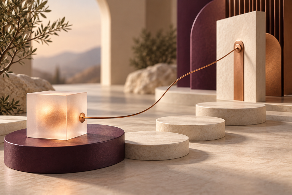 An illuminated glass cube connects to stepping platforms and a plum architectural form.