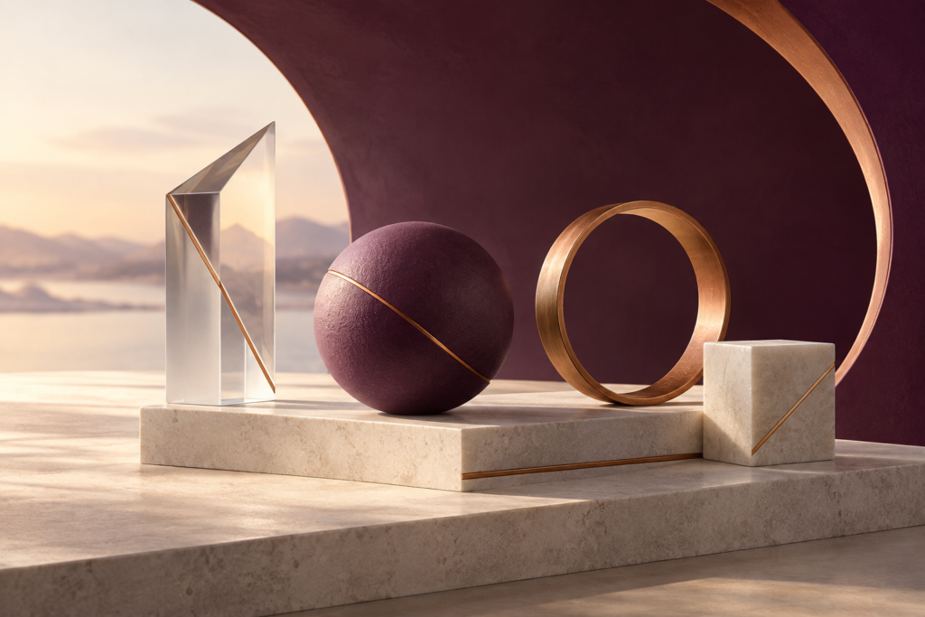 Glass, plum, copper, and stone forms sit in a balanced composition on an ivory plinth.