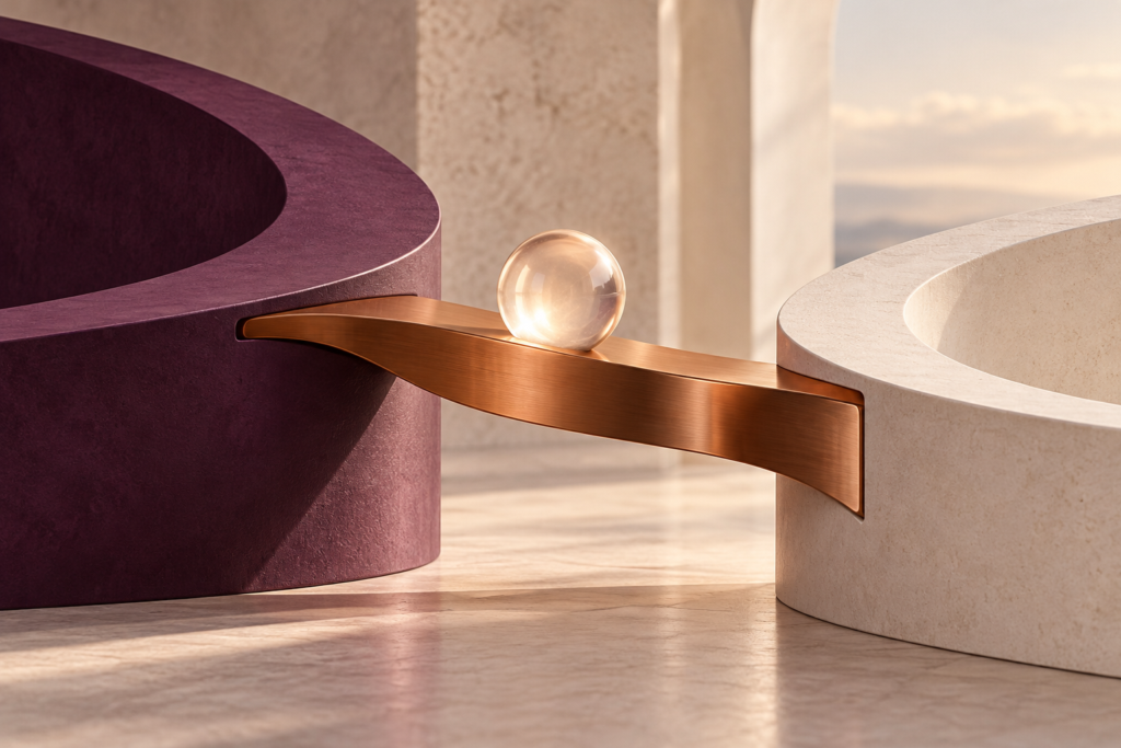 A copper bridge joins plum and ivory structures with a translucent sphere at its center.