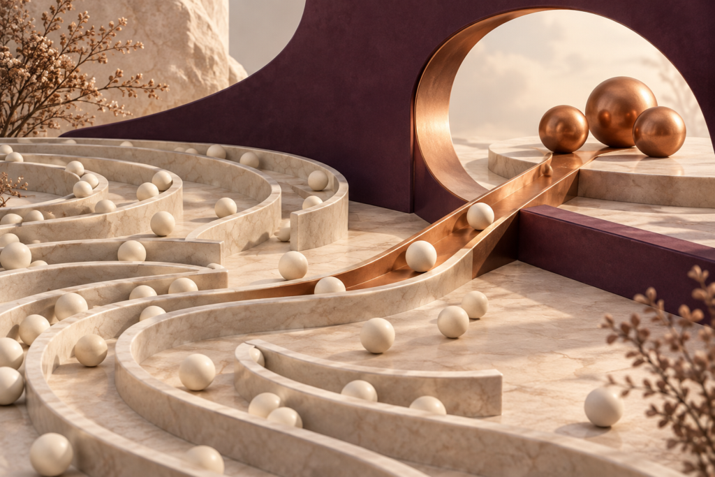 Ivory channels connect through a copper pathway to a plum arch and copper spheres.