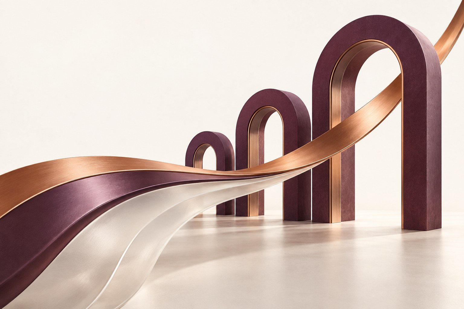 Plum arches and flowing copper ribbons representing pipeline growth