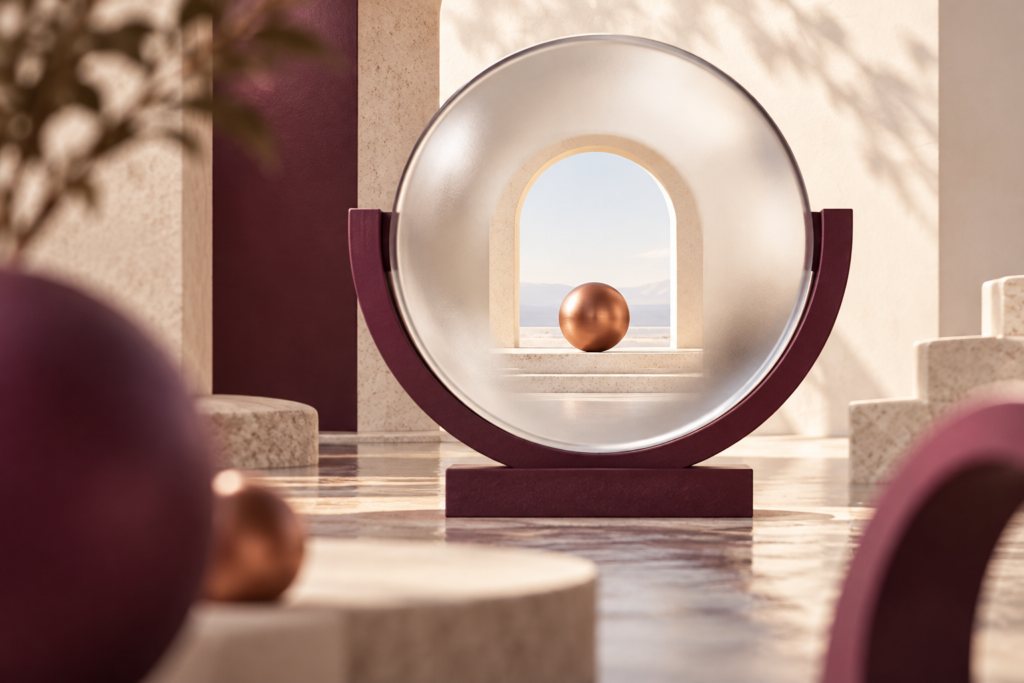 A circular glass lens aligns a copper sphere with an ivory architectural opening.