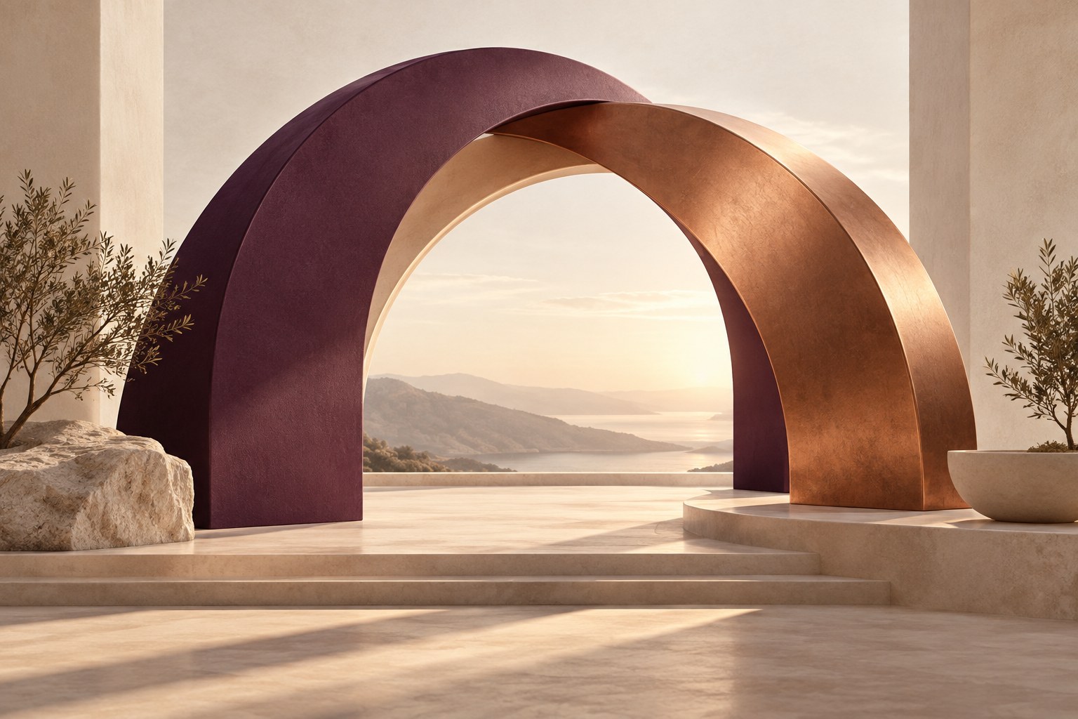 Interlocking plum and copper arches opening toward a sunlit horizon
